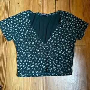 Brandy‎ Melville green floral deep V cropped short sleeve tee shirt SIZE OS